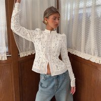 Elegant Lace Crochet Stand Collar Slim Fit Blouse Breathable Cotton Blend Office & Casual Wear