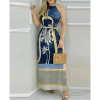Palm tree print sleeveless side slit maxi dress belt required
