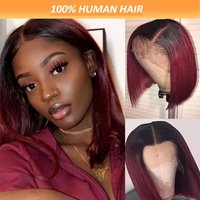 13*4 lace smooth straight hair 100% human hair headband 1B/99J black and burgundy bob short hair
