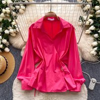 Korean Style Suit Collar Shirt Tie Waist Slimming Elegant Top Long Sleeves Spring Loose Fit Blouse