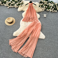 Women's Clothing Elegant Vacation Set: Asymmetric Draped Halter Top With High-Waisted Wide-Leg Pants – Pure Color, Wrinkle-Resistant Polyester