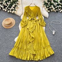 Clothing Pleated V Neck Long Sleeved Tie Up Ruffled Waist Dress Female Elegant Long Skirt