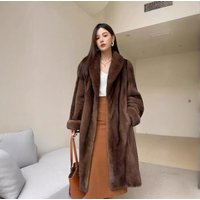 Retro Mink Coat - Caramel V-Neck Longline Fur Coat With Belt, Slim Fit Winter Jacket (Chestnut, S-XL)