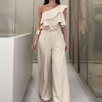 Fall 2023 European American cross border solid design irregular ruffled slim jumpsuit