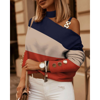 Hot Style Long sleeved Chain Halter Neck Printed Button Decorative Top