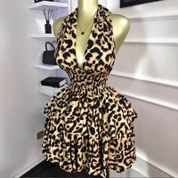 Halter Neck Leopard Print Dress – Ruffled Waist Flared Mini Dress Summer 