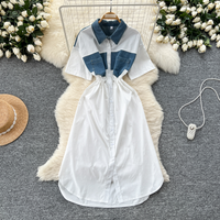 Women’s Clothing Style Short Sleeved Dress Summer Version Fashion Lapel Denim Splicing Tie Waist Shirt Slit Long Skirt