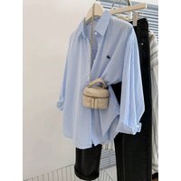 striped back hollow slit drawstring strap design mid sleeve loose shirt