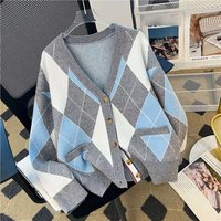 "V Neck Diamond Pattern Knitted Cardigan – European Style Open Front Sweater"