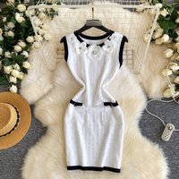 Chanel Inspired Sleeveless Knit Dress 3D Floral Design Slim Fit Line Skirt Elegant Summer Style