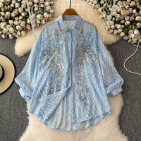 Clothing Fashionable Age Reducing Shirt Heavy Sequin Embroidery Diamond Studded Versatile High End Lantern Sleeve Slimming Top Trend