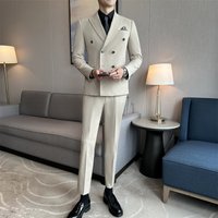  Slim Fit Double Breasted Striped Suit Set Wedding Groom Tuxedo & Business Formal Blazer Interview & Office