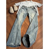 Bursting Lightning Pattern Jeans Straight Loose American High Street Pants Trendy Brand Ruffian Handsome Heavy Industry Micro pull Pants