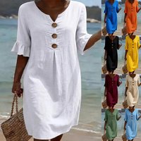 Summer Solid Casual Short Sleeve Dress Button Detail Thin Material Elegant Fashion American Sites