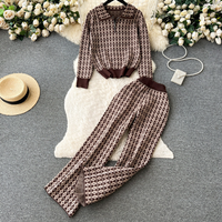 Clothing Fashion suits casual lapel knitted sweater wide leg pants knitted two piece suit