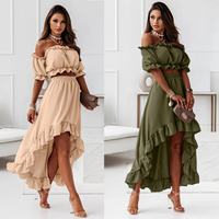 One line Collar Ruffle Skirt Suit Casual Irregular Short sleeved Two piece Set