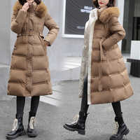 Warm Jacket Padded Jacket Long Over Knee Big Hair Collar Korean Version Slimming Belt Padded Jacket