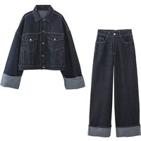 Clothing Autumn Lapel Denim Jacket + Flared Hem Pants Set