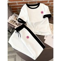 Casual Sporty Two Piece Set Short Sleeve Top Comfortable Pants White 12