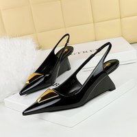 Shoes high heels wedge heels patent leather hollow back strap shallow mouth pointed metal decoration single shoes