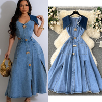 Clothing Design sense large lapel sleeveless vest dress hollow waist exposed slim long retro denim dress