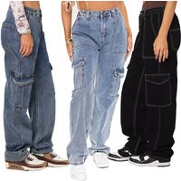 Women's Clothing Women's High Waisted Elastic Waistband Waist Cut Pants Loose Wide Leg Workwear Multi Pocket Jeans