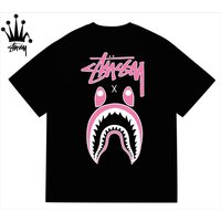 Stussy&Bape Co Branded Logo Shark Pattern Printed Casual Loose Cotton Short Sleeved T shirt