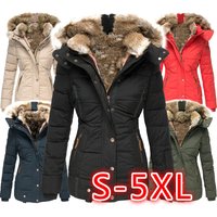 Women's Winter Warm Faux Fur Trim Hooded Zip-Up Long Sleeve Slim Fit Cotton Coat W128 - Pink, Red, Black, Army Green, Blue, Beige
