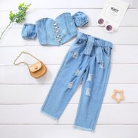 Baby Clothing Girls' Short sleeved strapless top + ripped denim pants + belt