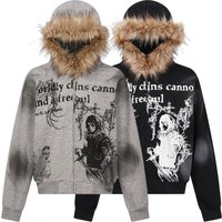 Clothing Street Fur Collar Hoodie Wasteland Style Dirty Dyed Washed Cardigan Zipper Sweatshirt