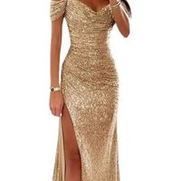 Clothing Sequined One Shoulder Tube Top Evening Dress Large Swing Slit Sexy Fashion Dress
