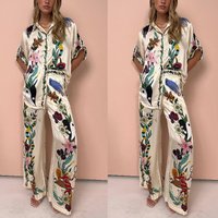 2024 Graffiti Printed Satin Short sleeved Flip Collar Shirt+Long Pants Casual Two Piece Set