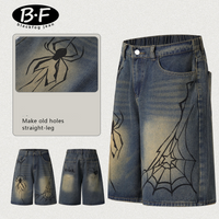 Clothing Painted Spider Denim Shorts Loose Retro Distressed Straight Shorts
