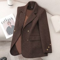  Wool Blend Tweed Blazer Coat Autumn Winter Slim Fit Double Breasted Office Jacket Notch Lapel 
