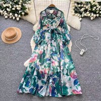 Elegant French Inspired Embellished Beaded Collar Long Sleeve Printed Wrap Dress Belt & Button Closure