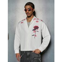 Men's Casual Long Sleeved Shirt Street Style Fashion Trendy Floral And Lip Print European American Cross Border
