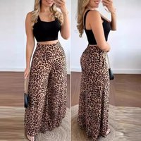 Clothing Elegant print belted tank top leopard print high waisted wide leg pant suit