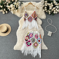 Ethnic style Vintage Embroidered Tassel knitted crocheted suit Western style sling top + sexy short skirt two piece set