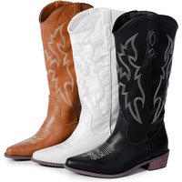 Long western cowboy boots leather boots winter chunky heels