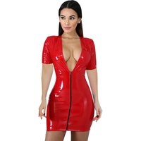 Women's Colorful Leather Dress Zipper PU High Elastic Deep V Neck Short Dress Four Sided Stretch Leather Skirt Hip Skirt