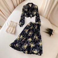 Women's Floral Chiffon Blouse And High-Waisted Pleated Skirt Set Spring Outfit Loose Two-Piece Fairy Theme With Bow Tie