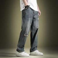Spring Knee Ripped High Street Jeans Trend Brand Loose Retro Daddy Straight Wide Leg Pants Beggar Pants