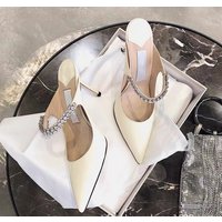 2026 High heeled Summer 2024 Fine Heeled Pointy Diamond Slippers Wear Line Head Half Drag Mueller Sh