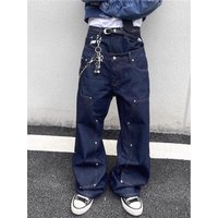 Men's Clothing Retro Studded Double Waisted Jeans, Unisex Loose Fitting Baggy Straight Leg Wide Leg Casual Logging Pants