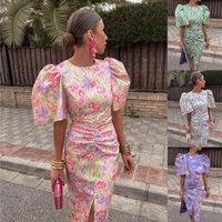Clothing Printed Casual V Neck Tight Hip Waist Bubble Short Sleeved Dress