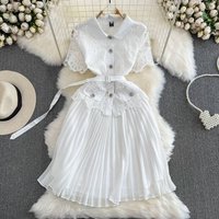 Clothing summer light luxury temperament short sleeved lapel lace patchwork waist slim line pleated dress female