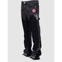 Men's Patchwork Flared Denim Pants - Stretch Workwear Jeans With Layered Design, Trendy Wide-Leg Trousers