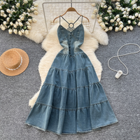 Clothing Niche High end Hollow Backless Sling Bow Strap Tight Waist Slimming Denim Dress