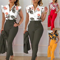 fashion printed lotus leaf sleeve top solid pants suit belt
