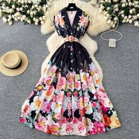 Women's Clothing Spring New Palace Style Retro Collar Dress Female Socialite Waist Single-Breasted Printed Dress